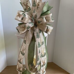 Green and Cream Decorative Bow with Deer and Tree Design